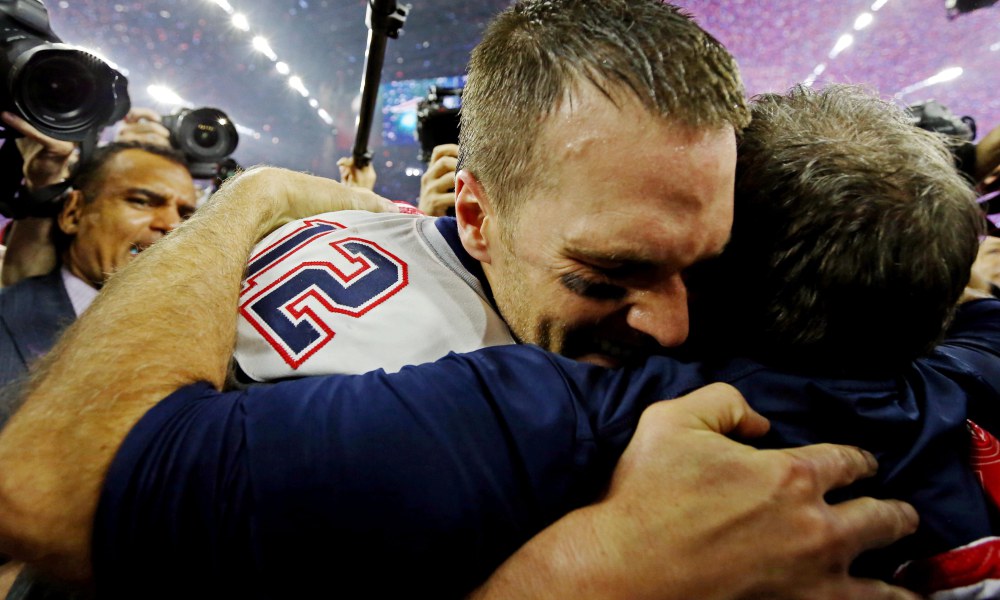 Feb 5, 2017; Houston, TX, USA; New England Patriots head coach Bill Belichick and quarterback Tom Brady (12) celebrate after beating the Atlanta Falcons during Super Bowl LI at NRG Stadium. Mandatory Credit: Matthew Emmons-USA TODAY Sports